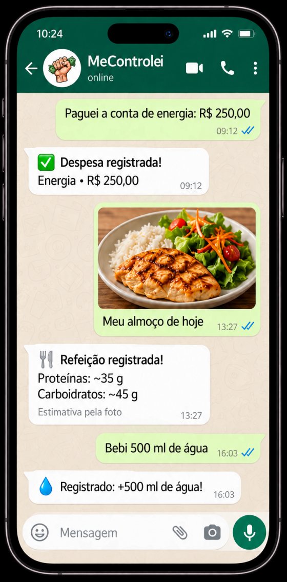 Conversa com o MeControlei no WhatsApp: conta de energia registrada, foto do almoço registrada com proteínas e carboidratos, e água registrada